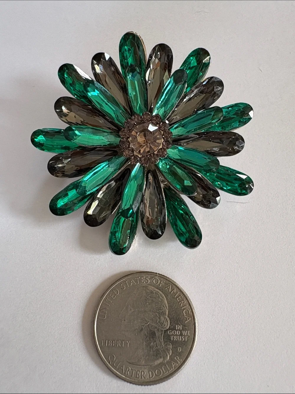 Emerald & Smoky Crystal Flower Brooch